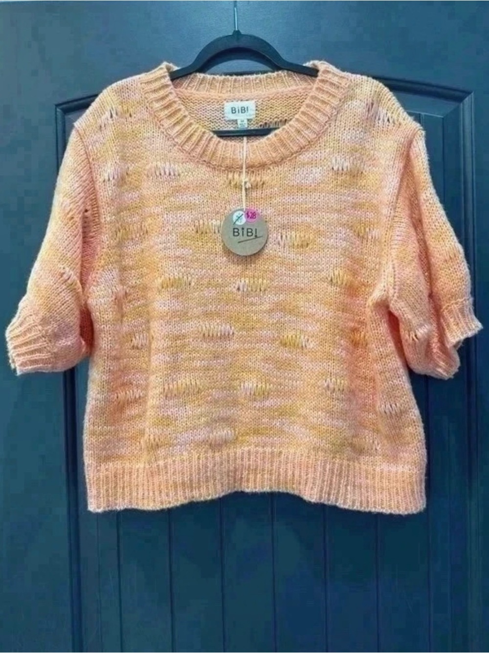 BiBi Peach-Orange Short Sleeve Crewneck Knit Sweater